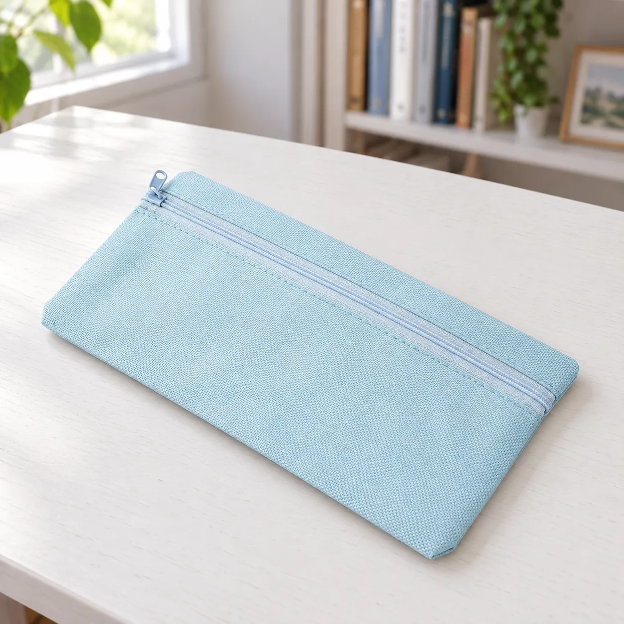 Light-blue canvas pencil pouch, empty and closed on a white writing desk