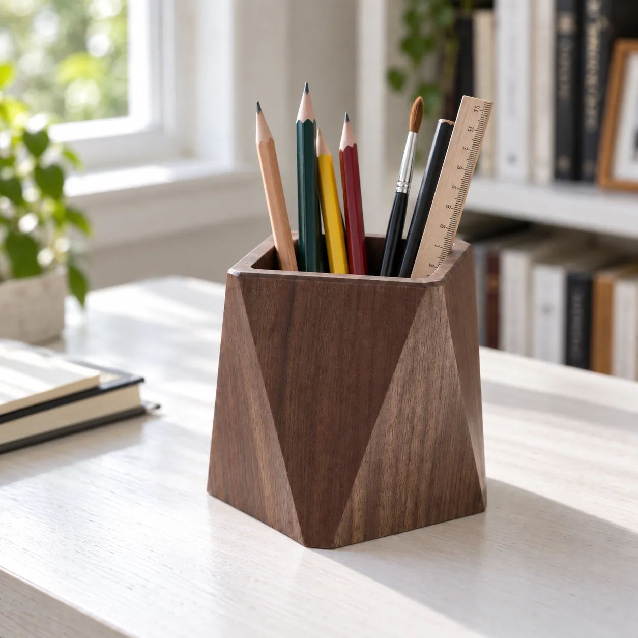 Walnut cup holding writing tools; pencils, brush and ruler are not included
