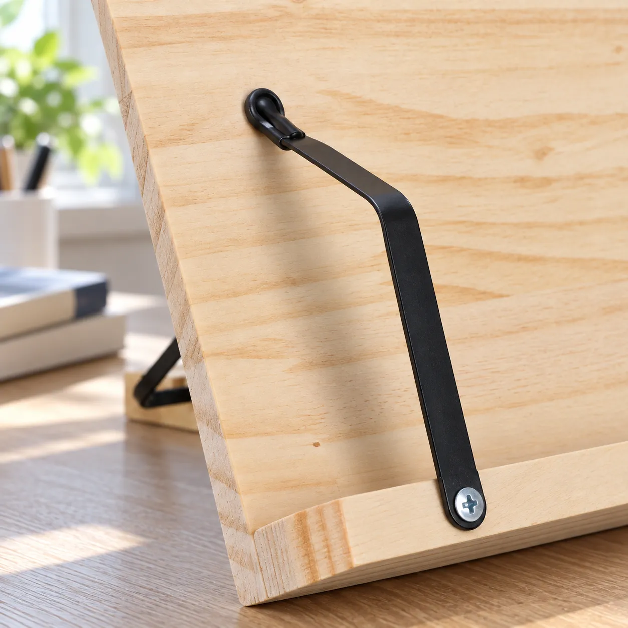 Close view of a black page retainer, screw and pine ledge