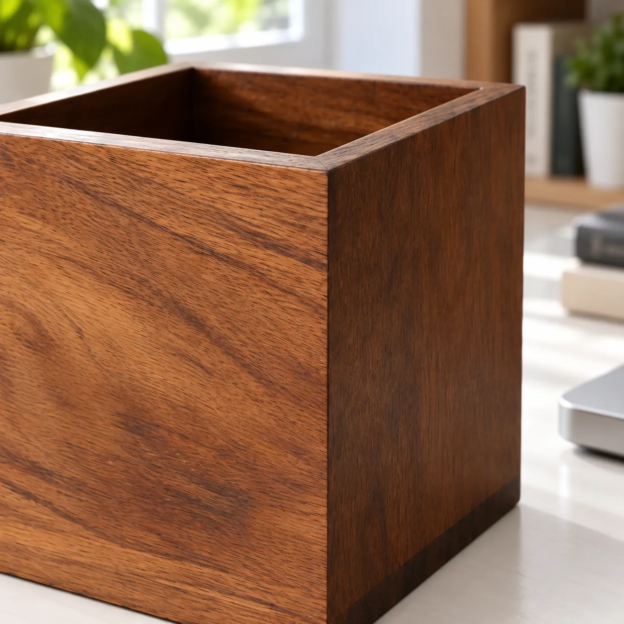 Close view of the wood grain, rim and corner joint