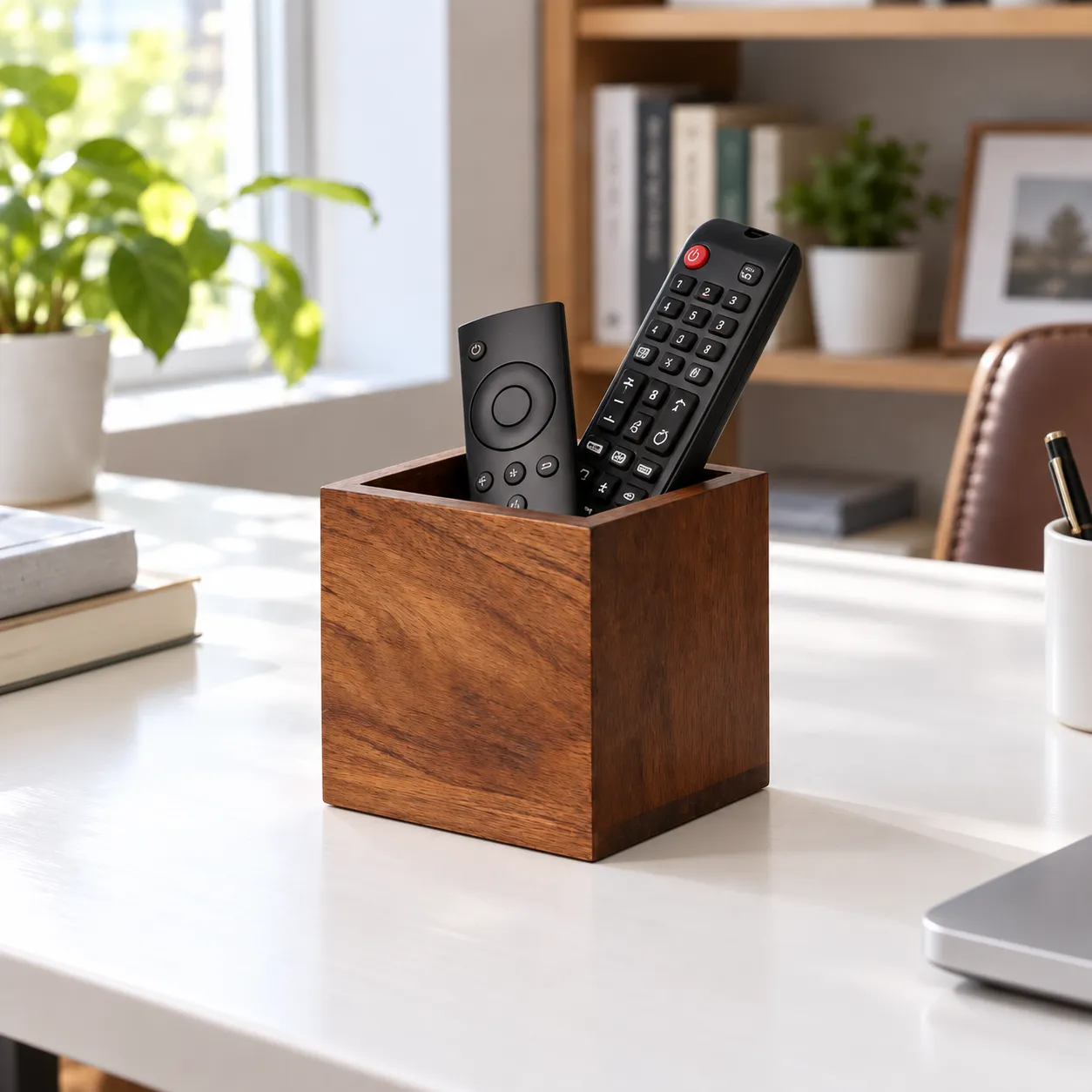 Wood holder with two remote controls, which are not included