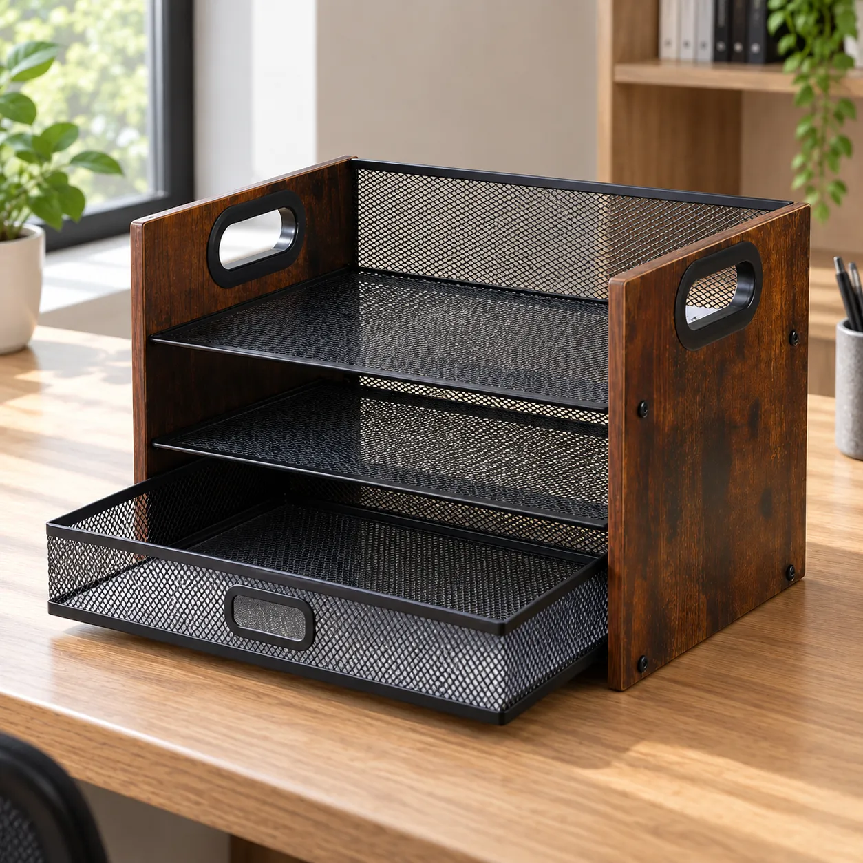Three Tier Letter Tray - alternate view; props excluded